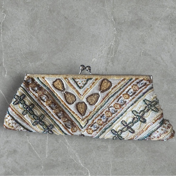 ✅Vintage Beaded Clutch in Gold, Silver & Cream with Teal Accents - Picture 5 of 15